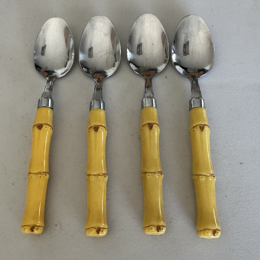 Vintage Gibson Faux Bamboo Handle Tropical Stainless Steel Set Of 4 Small Spoons